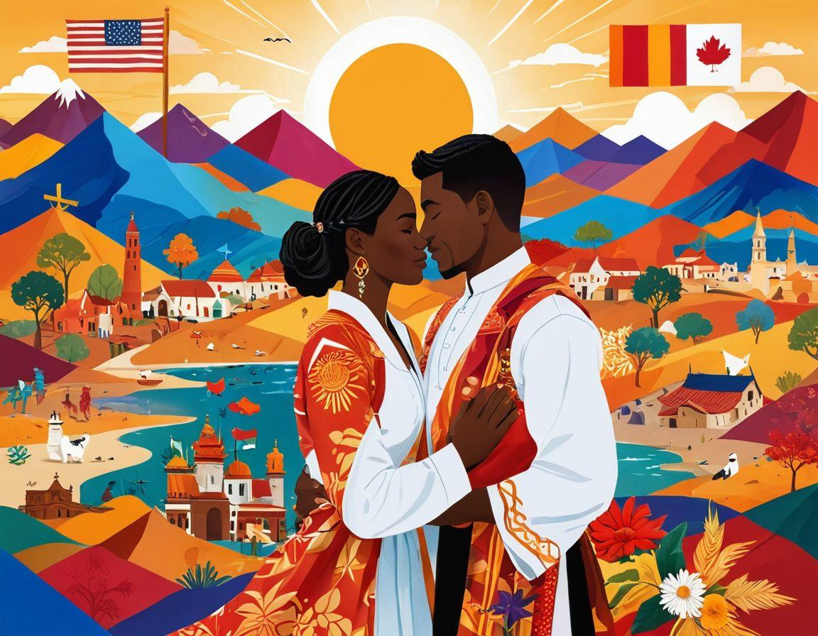 A vibrant collage illustrating a couple of diverse backgrounds, intertwined in a loving embrace, surrounded by symbols of various cultures such as traditional clothing, flags, and food. The setting captures an ethereal blend of landscapes reflecting different countries, symbolizing cross-cultural journeys. The scene is filled with warm colors radiating love and unity, inviting viewers into a world of connection. vector art. vibrant colors. white background.