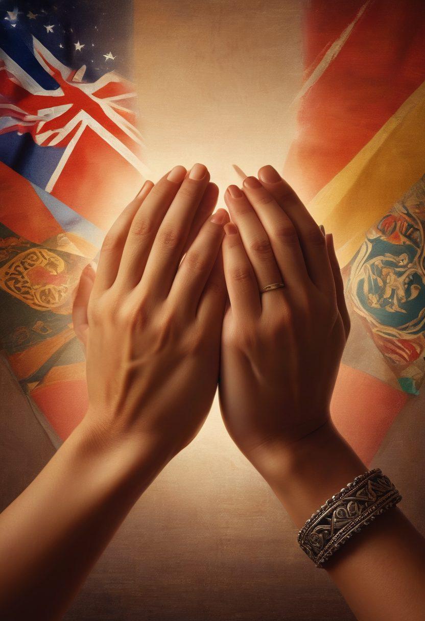 A collage of two hands, one darker and one lighter, gently intertwined, representing love and unity. In the background, a blend of cultural symbols (like flags, traditional ornaments) that signify diversity and connection. The atmosphere is warm and inviting, with soft lighting that enhances intimacy. A heart shape subtly formed by the hands and symbols, conveying heartfelt emotions. vibrant colors. super-realistic.
