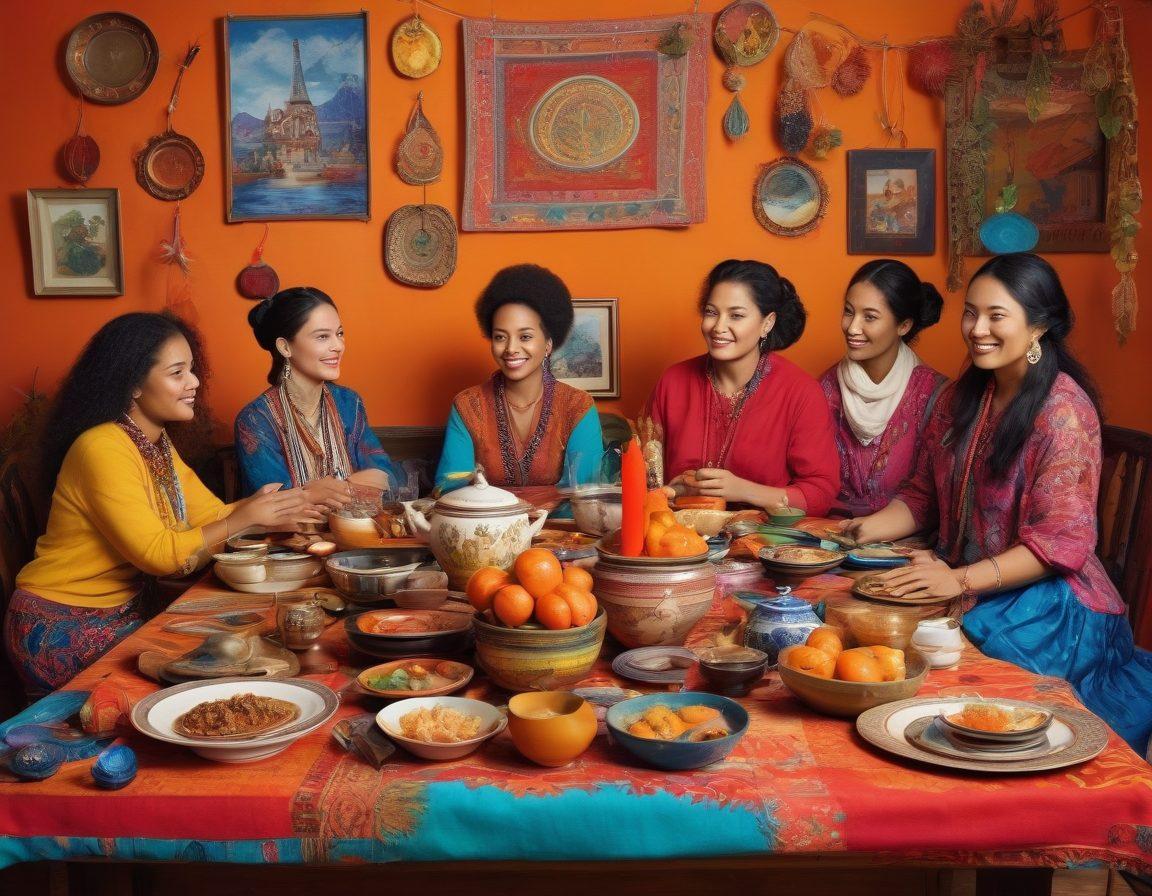 A vibrant collage depicting individuals from various ethnic backgrounds sharing personal stories around a cozy table, adorned with multicultural artifacts and traditional dishes. Lively expressions, colorful clothing, and diverse cultural symbols create an atmosphere of connection and celebration. The background softly blends various landscapes representing different parts of the world. bright colors. contemporary art style.
